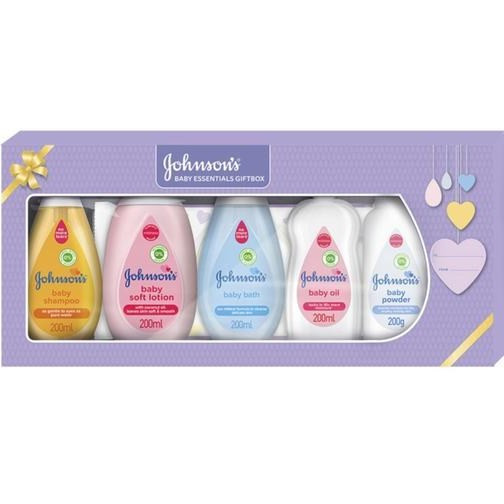 ست هدیه نوزاد جانسون مدل Baby Essentials Gift Box پنج تکه | شامپو، شامپو بدن، لوسیون، روغن و پودر بچه Johnson's